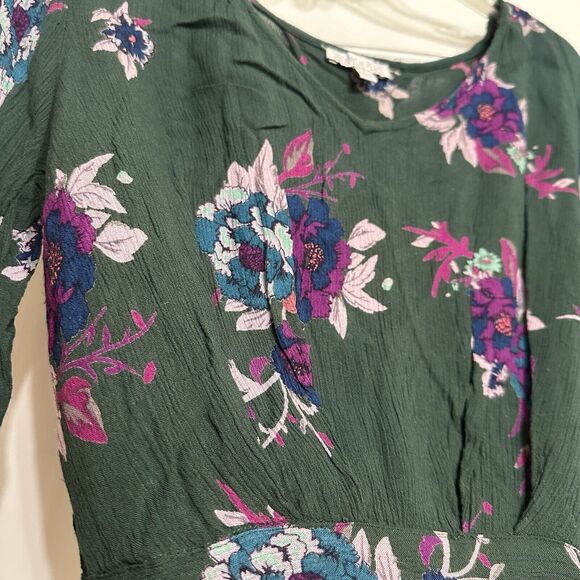 PATRONS OF PEACE Dark Green Blouse, Floral, Cropped, Tie-Back, Bell Sleeves, S - Picture 3 of 12